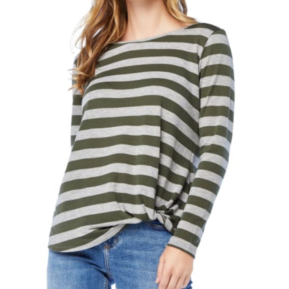 Matty M Olive and Gray Striped Long-Sleeve Knot Front Top Casual Knit Large